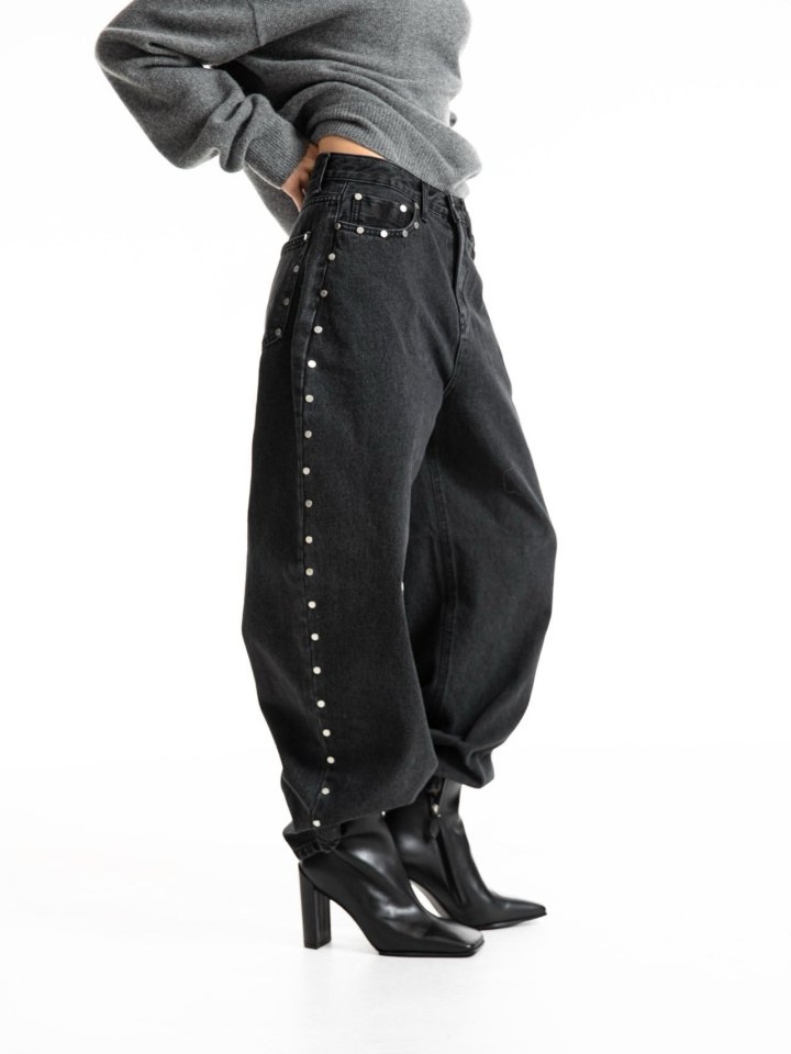 Paper Moon - Korean Women Fashion - #womensfashion - Stud-Point Washed Black Wide Denim Pants - 3