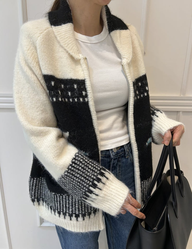 Pearls room - Korean Women Fashion - #momslook - Jacquard Zip Cardigan - 3