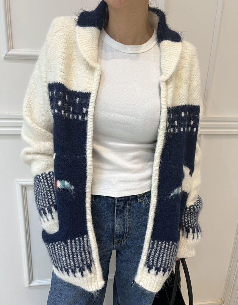 Pearls room - Korean Women Fashion - #momslook - Jacquard Zip Cardigan - 5