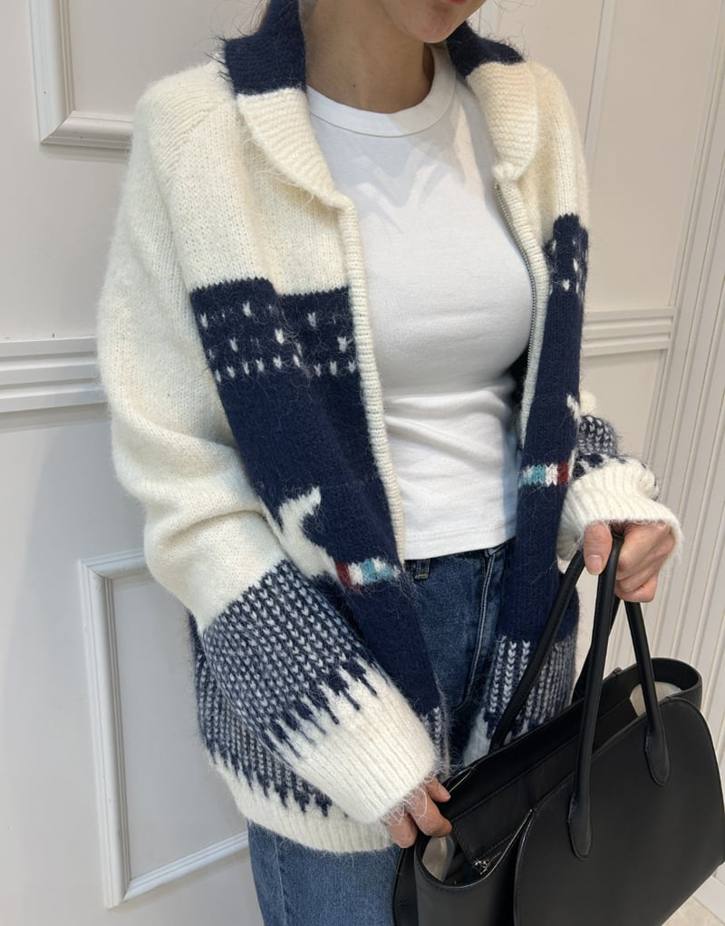 Pearls room - Korean Women Fashion - #momslook - Jacquard Zip Cardigan - 7