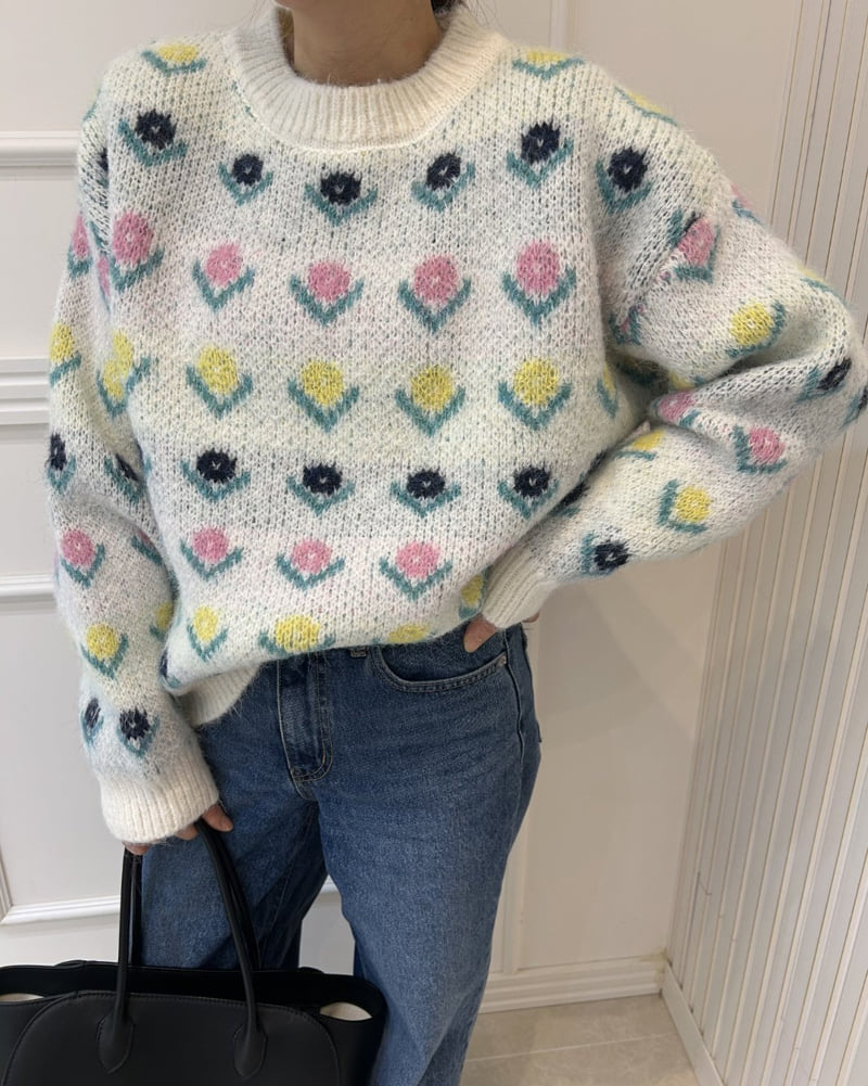 Pearls room - Korean Women Fashion - #momslook - Flower Knit - 7