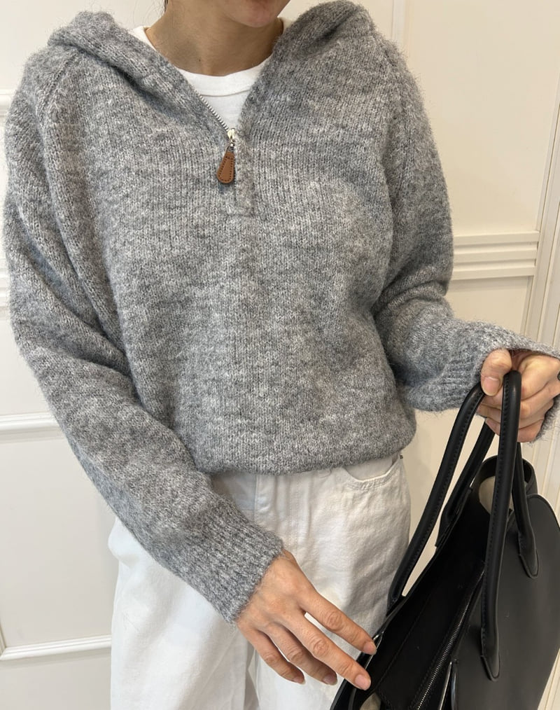 Pearls room - Korean Women Fashion - #momslook - Half-Zip Hooded Knit - 6