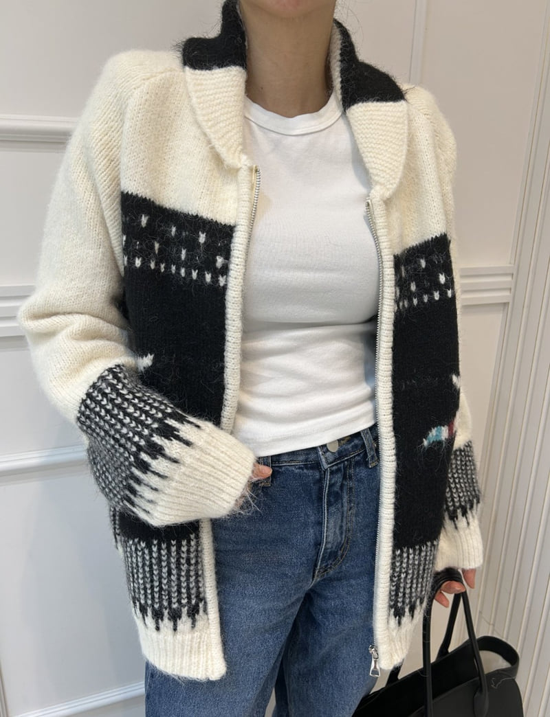 Pearls room - Korean Women Fashion - #thatsdarling - Jacquard Zip Cardigan