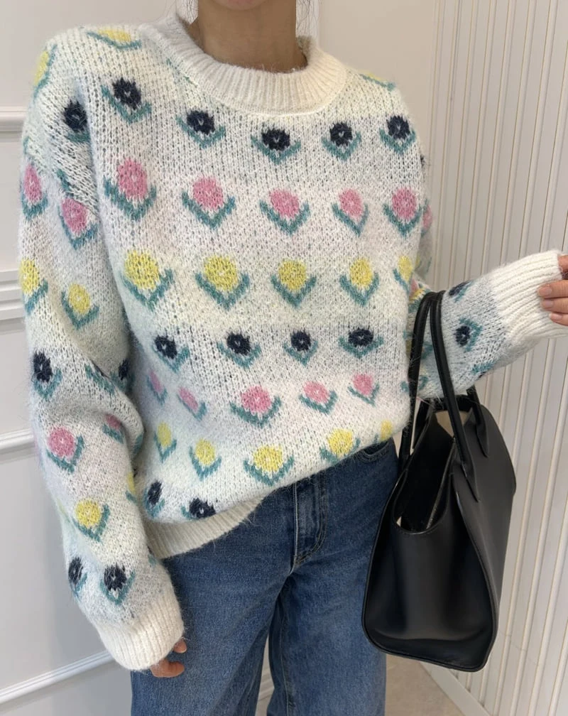 Pearls room - Korean Women Fashion - #thatsdarling - Flower Knit - 5