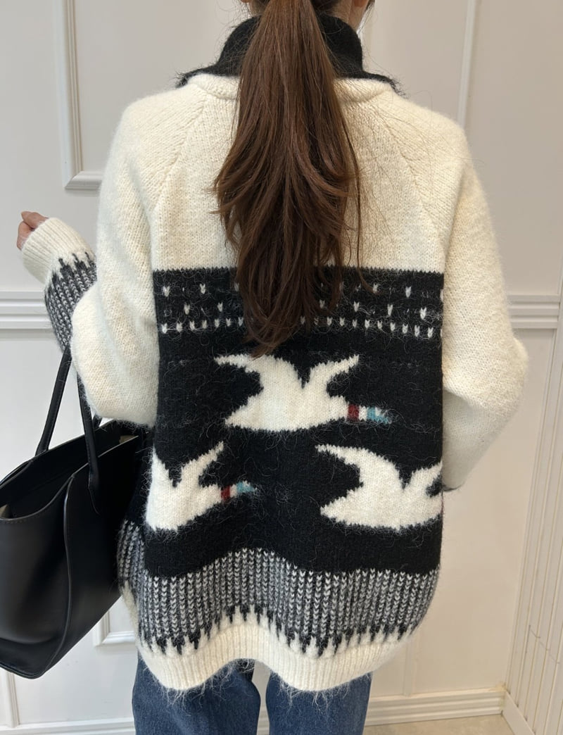 Pearls room - Korean Women Fashion - #momslook - Jacquard Zip Cardigan - 4