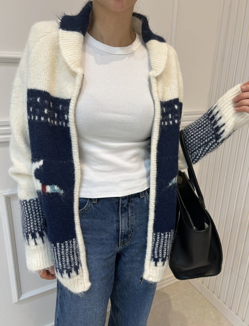 Pearls room - Korean Women Fashion - #womensfashion - Jacquard Zip Cardigan - 6