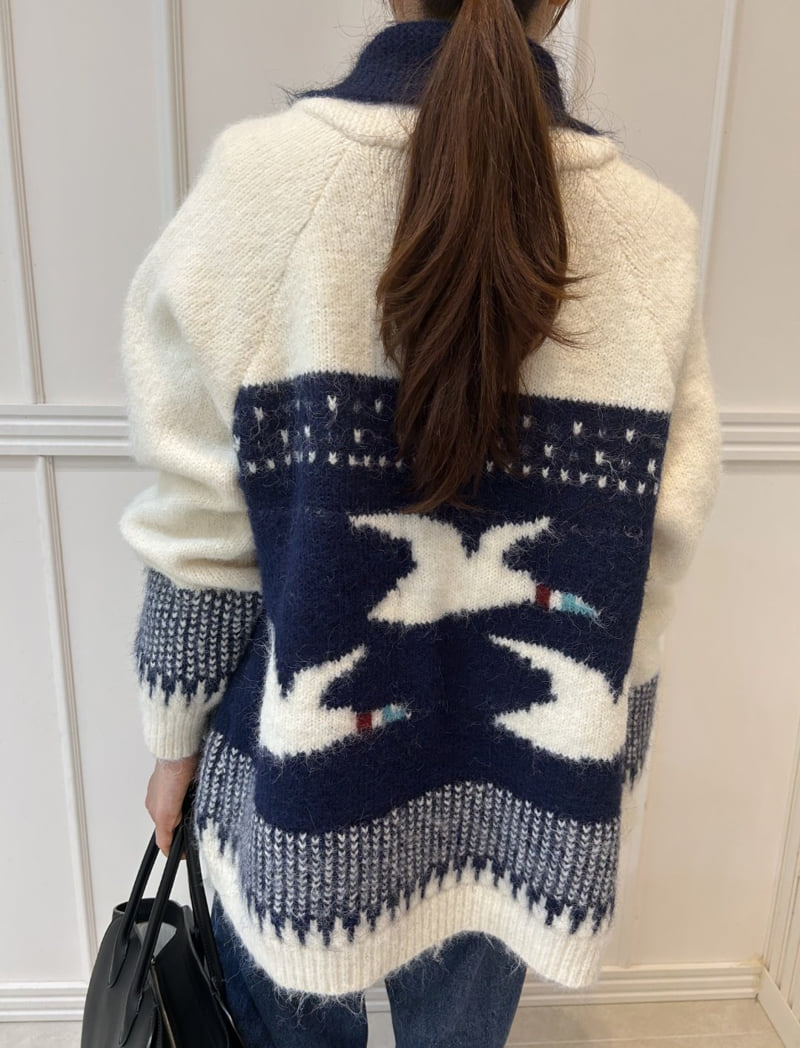 Pearls room - Korean Women Fashion - #womensfashion - Jacquard Zip Cardigan - 8