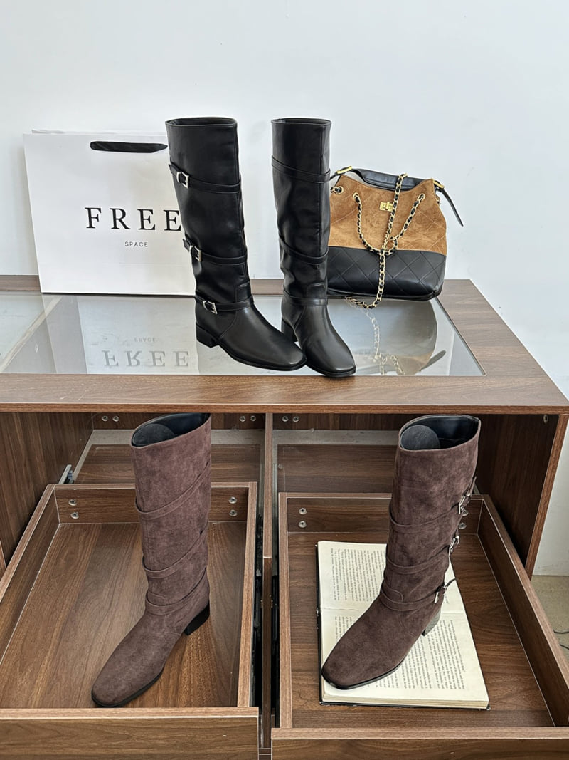 Runa Martin - Korean Women Fashion - #momslook - Square Classic Buckle Strap Long Western Boots - 11