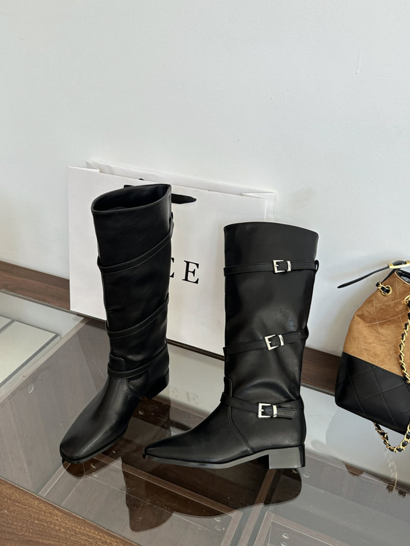 Runa Martin - Korean Women Fashion - #momslook - Square Classic Buckle Strap Long Western Boots - 3
