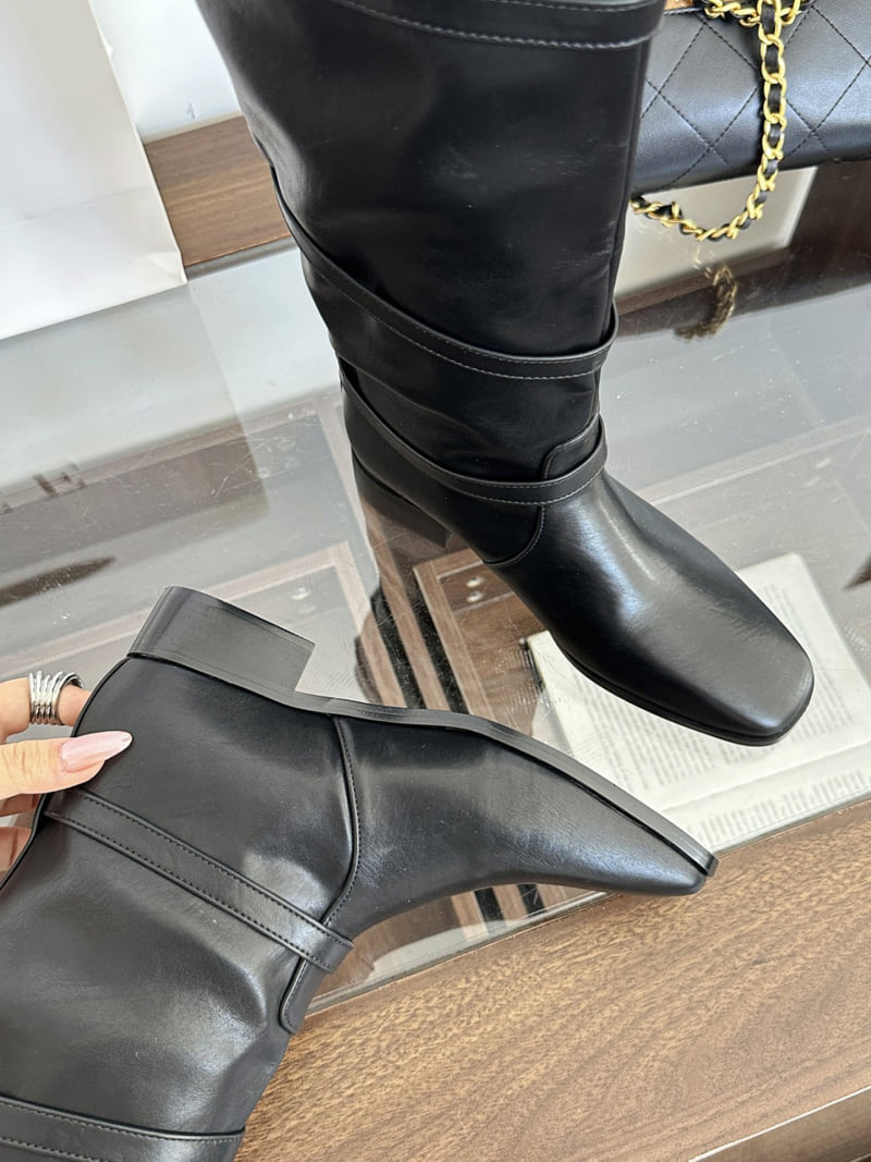 Runa Martin - Korean Women Fashion - #momslook - Square Classic Buckle Strap Long Western Boots - 5