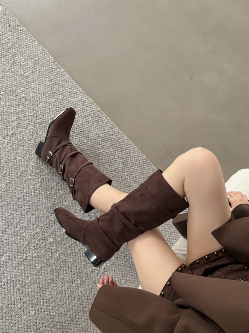 Runa Martin - Korean Women Fashion - #momslook - Square Classic Buckle Strap Long Western Boots - 7