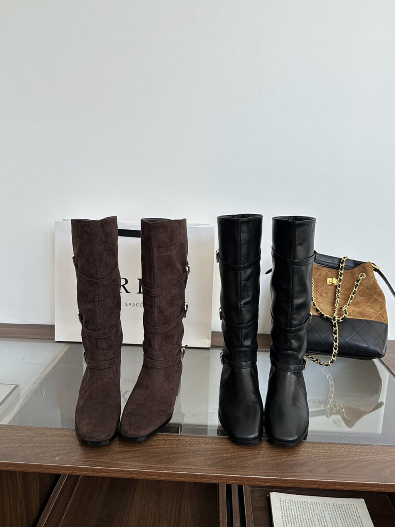 Runa Martin - Korean Women Fashion - #momslook - Square Classic Buckle Strap Long Western Boots - 9