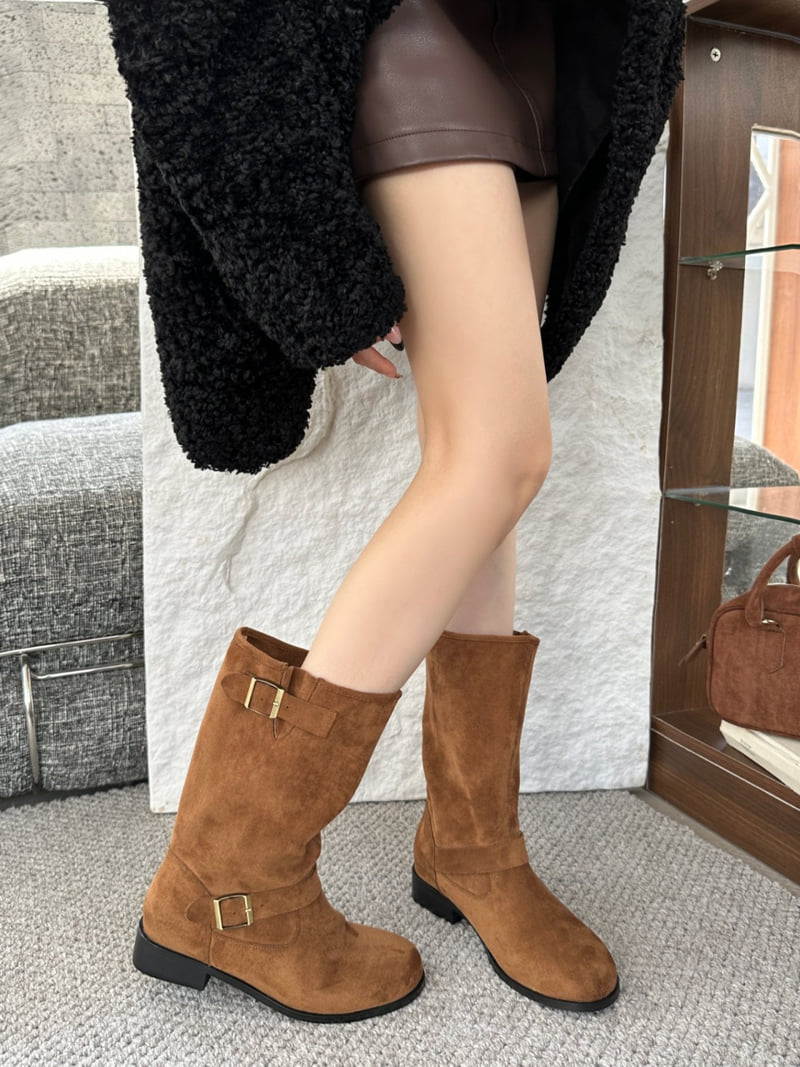 Runa Martin - Korean Women Fashion - #momslook - Fleece Round Simple Buckle Suede Shirred Mid Boots - 9