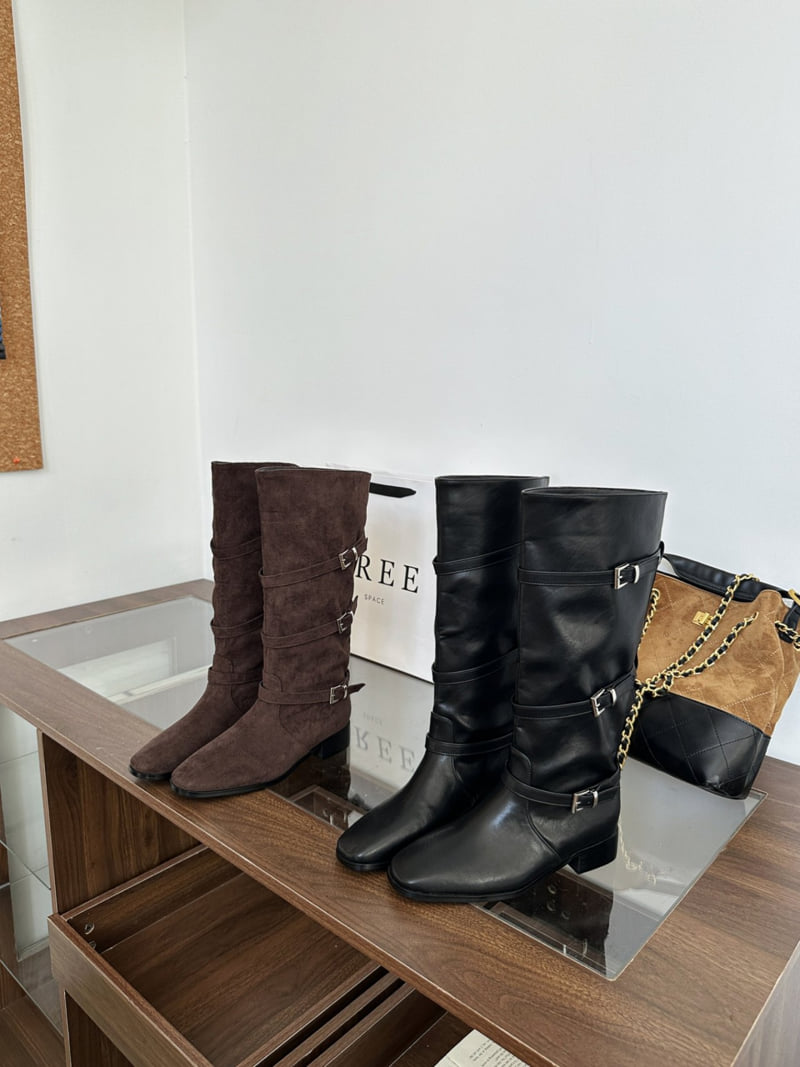 Runa Martin - Korean Women Fashion - #womensfashion - Square Classic Buckle Strap Long Western Boots - 10
