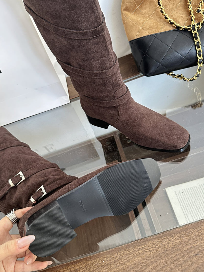 Runa Martin - Korean Women Fashion - #womensfashion - Square Classic Buckle Strap Long Western Boots - 12