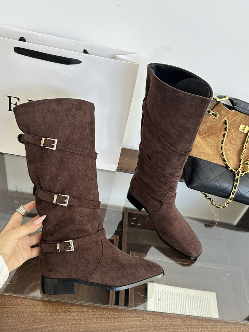 Runa Martin - Korean Women Fashion - #womensfashion - Square Classic Buckle Strap Long Western Boots - 2