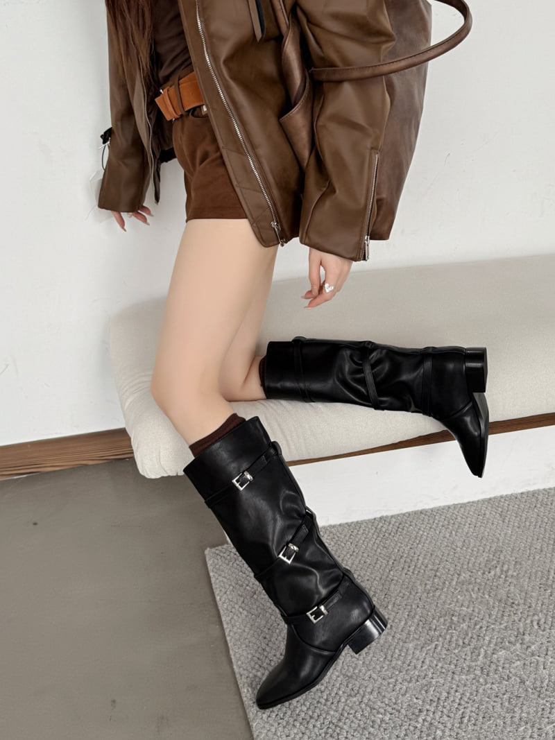 Runa Martin - Korean Women Fashion - #womensfashion - Square Classic Buckle Strap Long Western Boots - 8