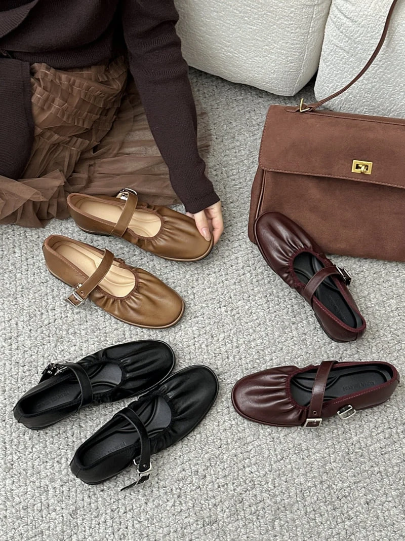 Runa Martin - Korean Women Fashion - #womensfashion - Mary Jane Buckle Strap Cushion Shirred Flats