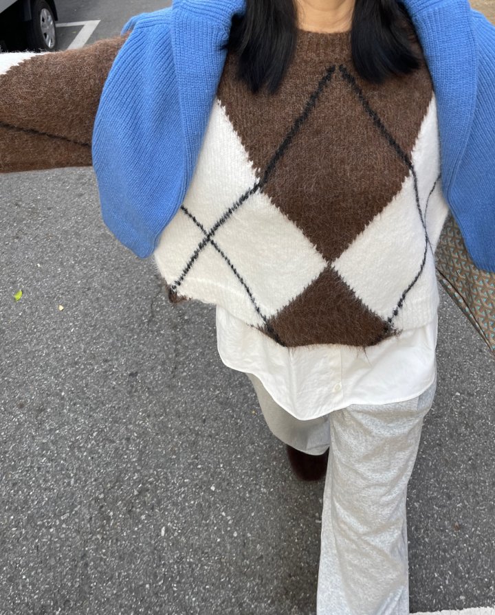The Fine.b - Korean Women Fashion - #momslook - Argyle Loose Fit Knit - 4