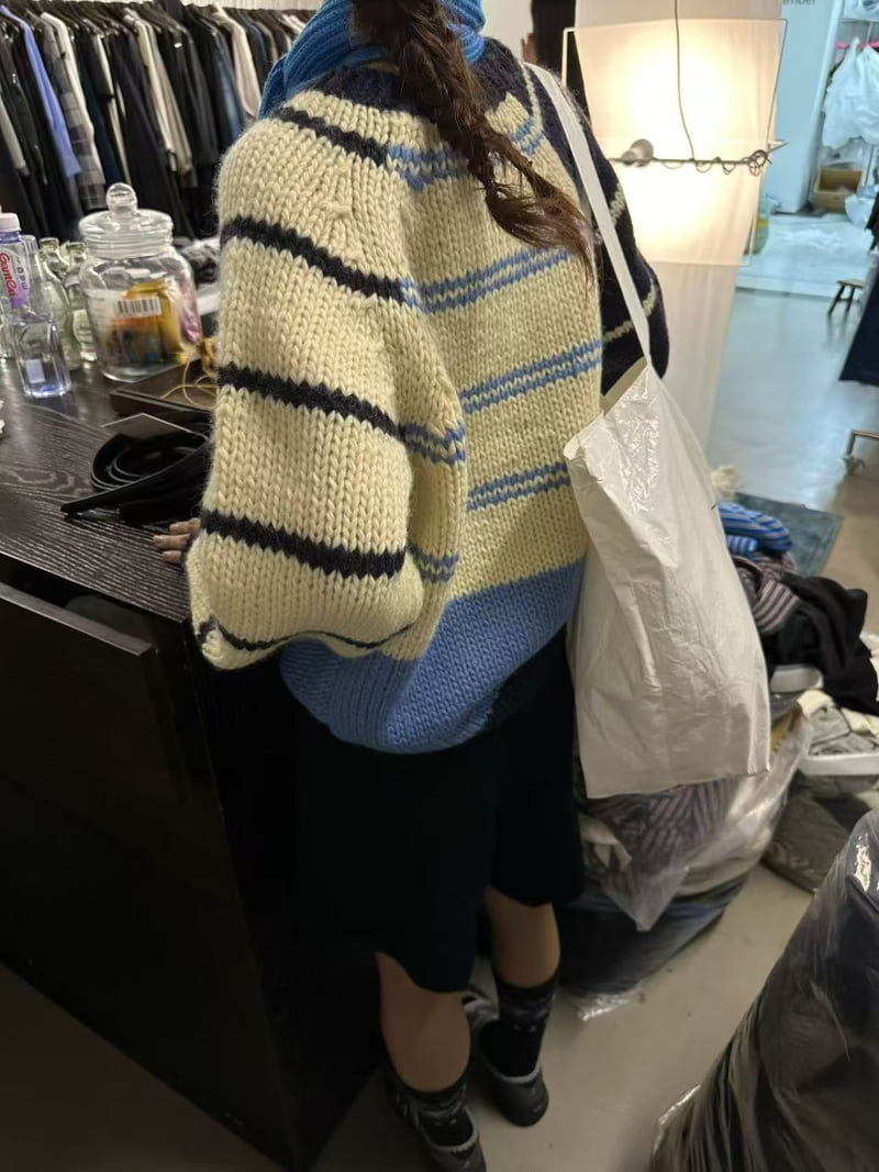 There By - Korean Women Fashion - #romanticstyle - Berry Striped Knit - 2