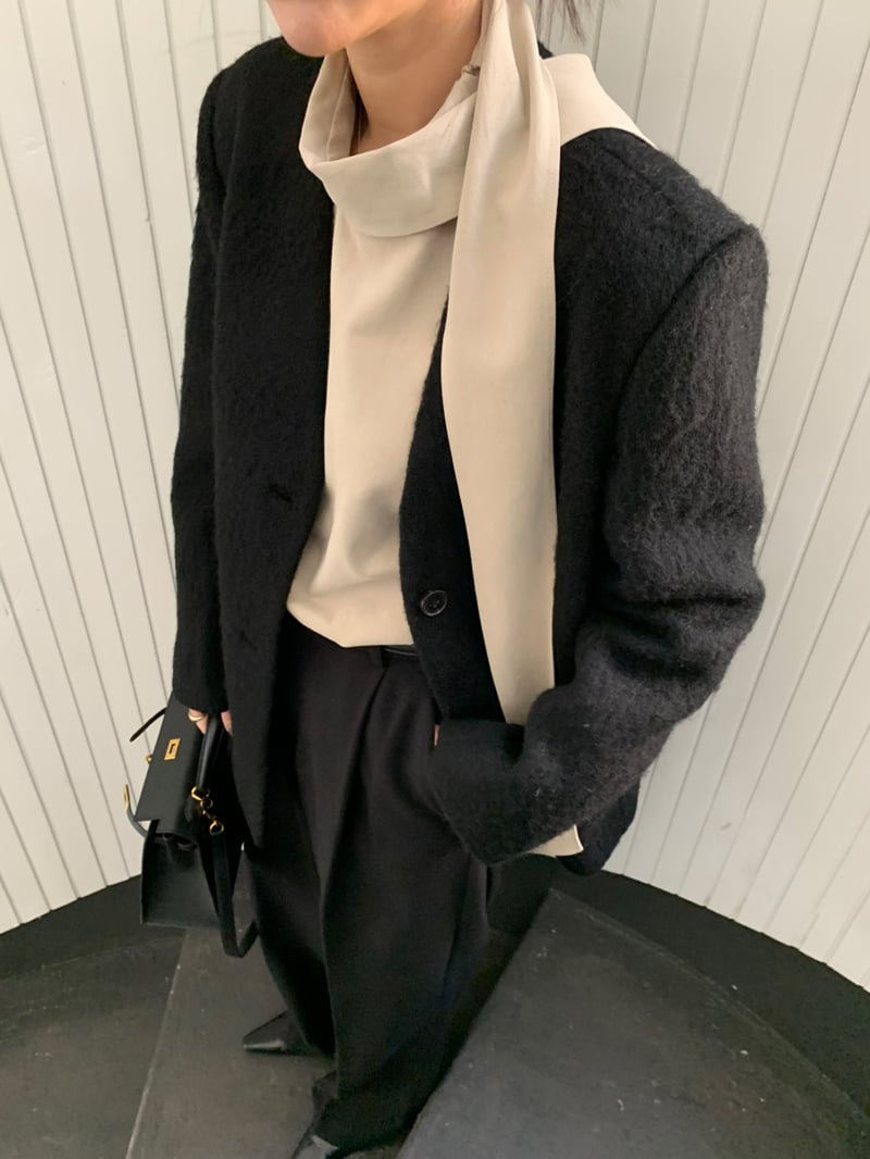 Understanding - Korean Women Fashion - #momslook - Cozy No Collar Jacket (with Muffler) - 5