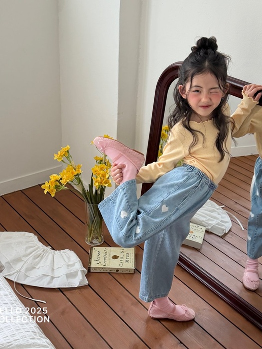 Heart Embroidered Panel Pants (Light Denim)