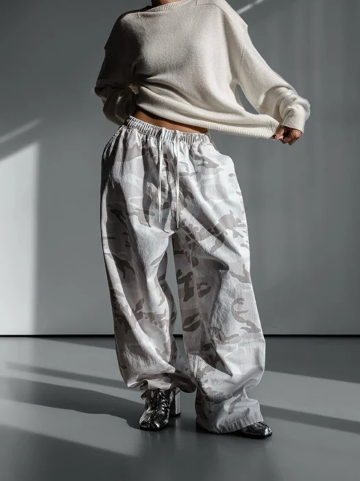 Camouflage Cotton Banded Maxi Wide Trousers Camouflage Cotton Banded Maxi Wide Trousers