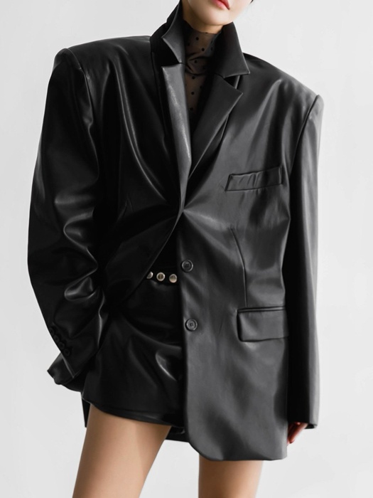 Oversized Shiny Leather Three Button Blazer Oversized Shiny Leather Three Button Blazer