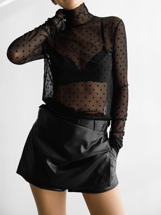 Dot Mesh Sheer Turtleneck Long Sleeved Tee Dot Mesh Sheer Turtleneck Long Sleeved Tee