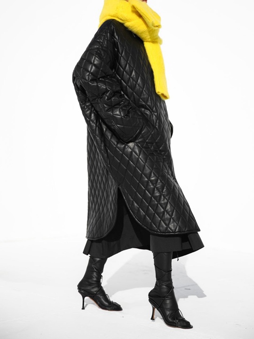 Vegan Leather Quilting Padded Snap Button Coat Vegan Leather Quilting Padded Snap Button Coat