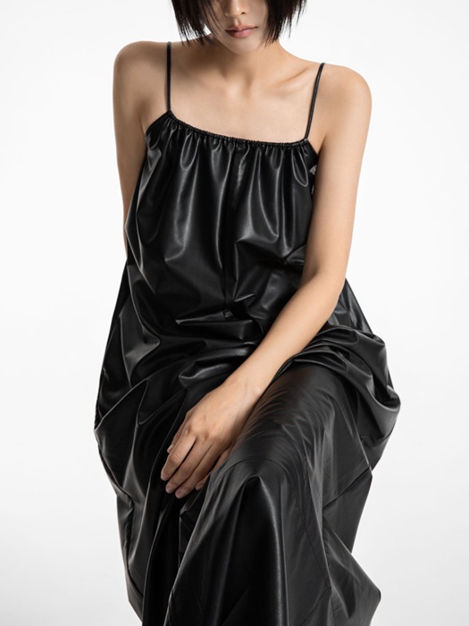 Vegan Leather Strap Shirred Maxi Dress Vegan Leather Strap Shirred Maxi Dress
