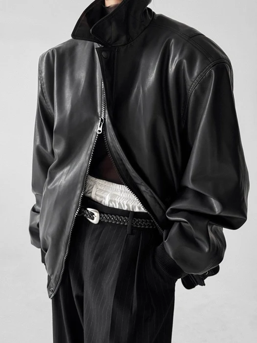 Washed Vegan Leather Shoulder Padded Bomber Jacket