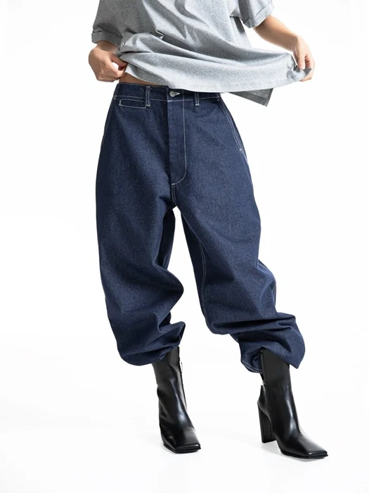 Stitch Detail Wide Baggy Denim Pants