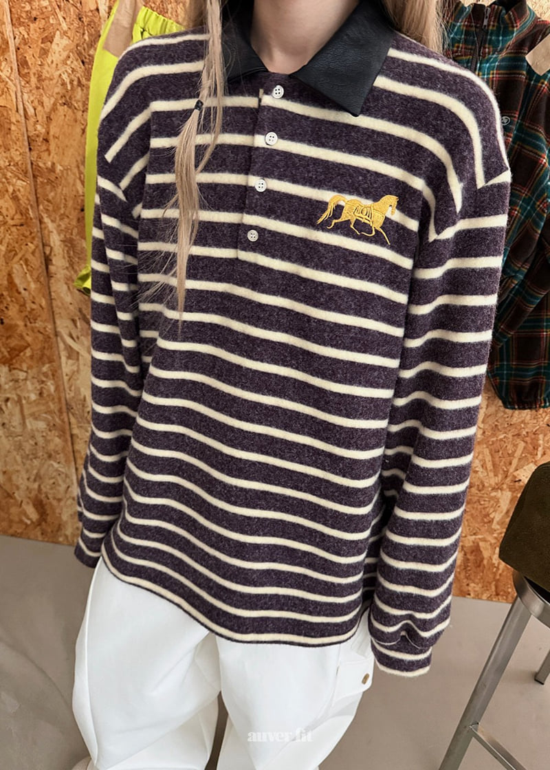 Auver_Fit - Korean Women Fashion - #momslook - Horse Stripe Collar Tee - 2