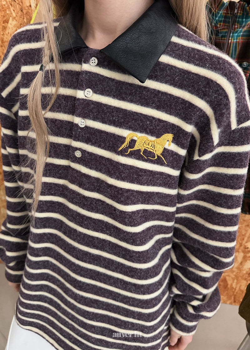 Auver_Fit - Korean Women Fashion - #womensfashion - Horse Stripe Collar Tee - 4
