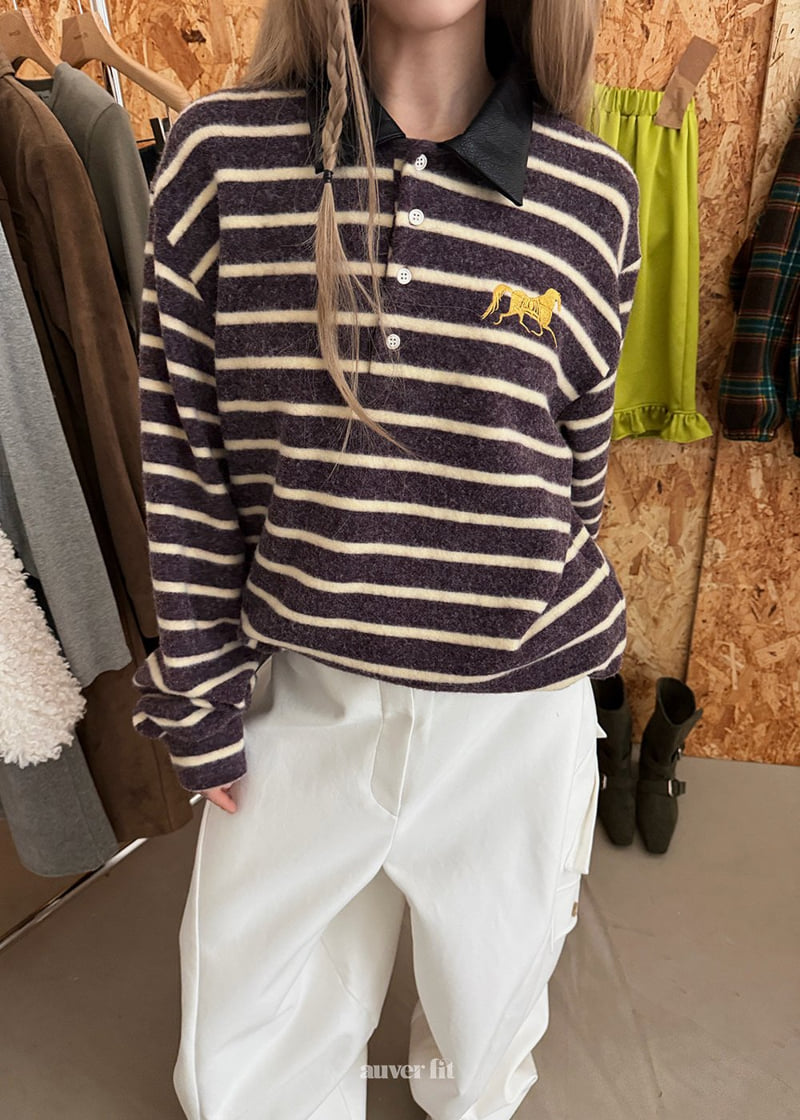 Auver_Fit - Korean Women Fashion - #momslook - Horse Stripe Collar Tee - 6