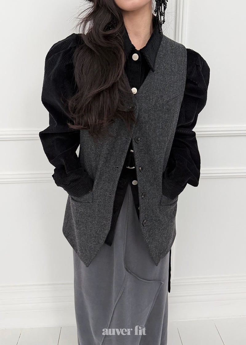 Auver_Fit - Korean Women Fashion - #womensfashion - Corduroy Puff Sleeve Shirt - 10