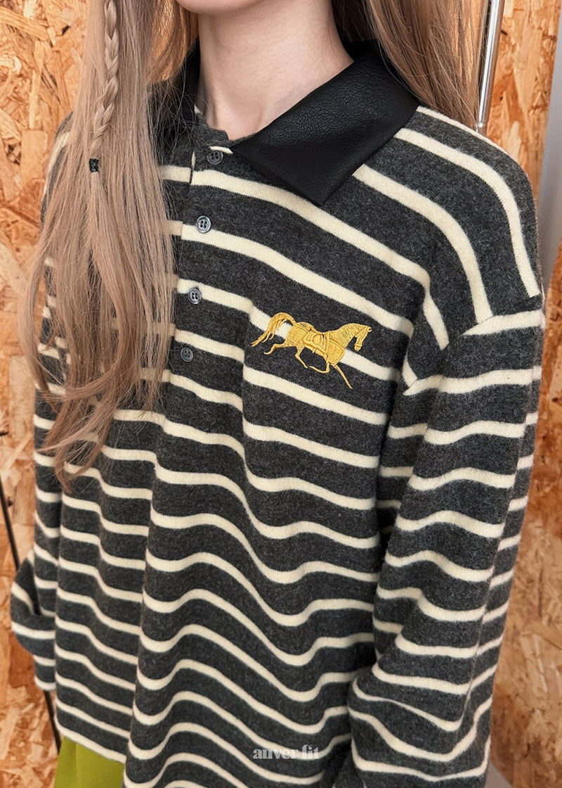 Auver_Fit - Korean Women Fashion - #womensfashion - Horse Stripe Collar Tee - 7