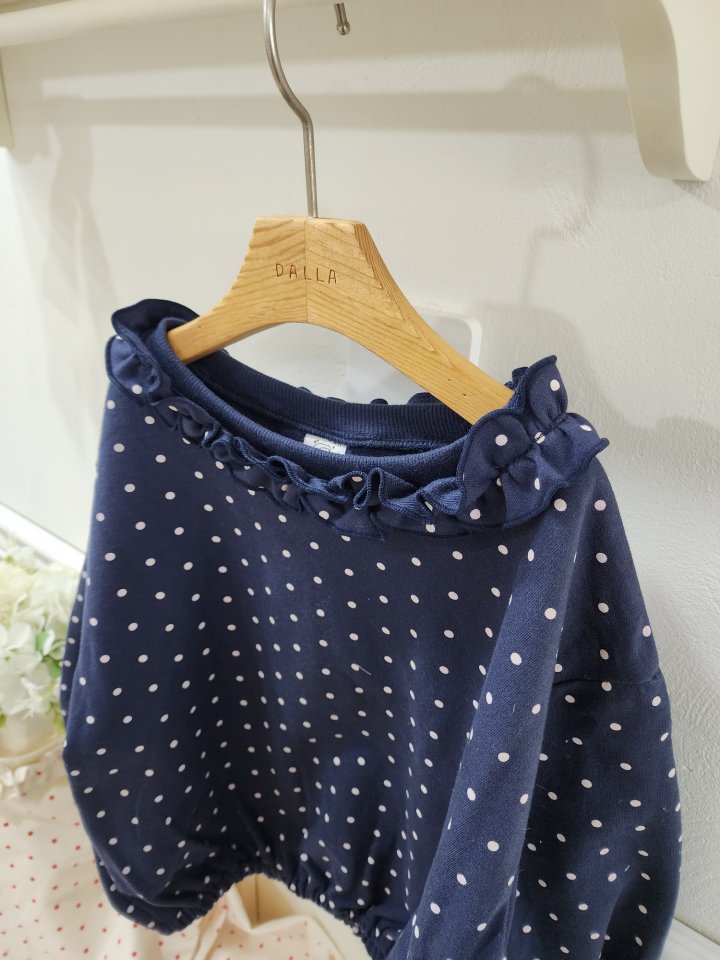 Dalla - Korean Children Fashion - #designkidswear - Dot Boat Neck Sweatshirt - 4