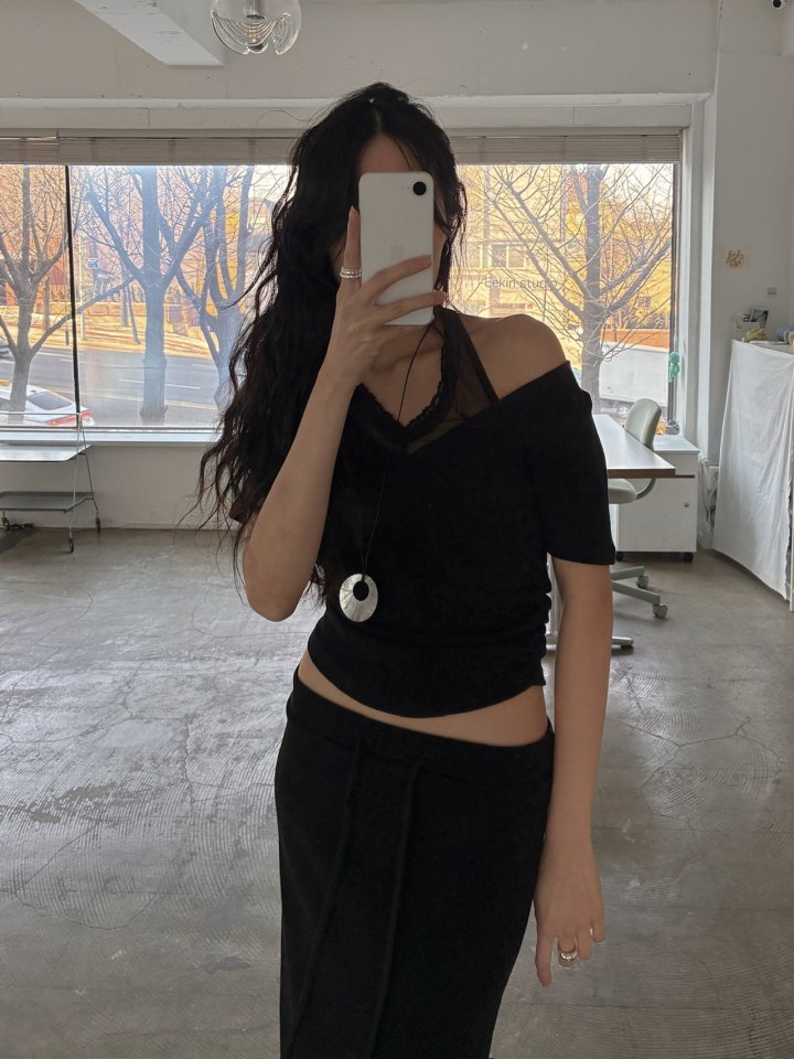Inssense - Korean Women Fashion - #momslook - Pigment Lace Halter Short Sleeve Top - 8