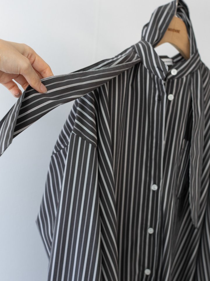 Inssense - Korean Women Fashion - #momslook - Oversized Stripe Two-Way Tie Shirt