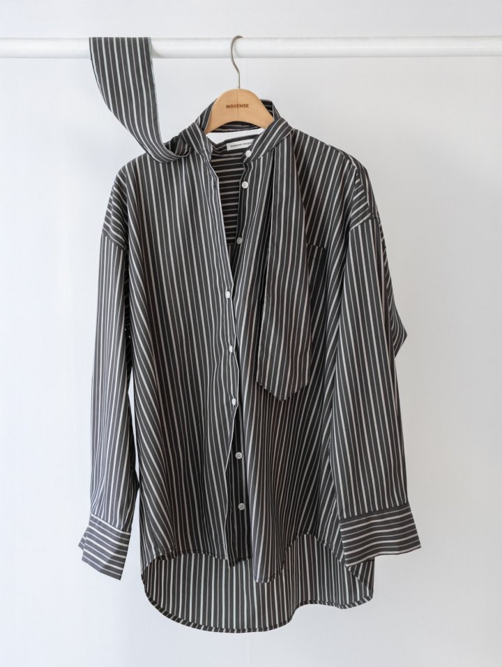 Inssense - Korean Women Fashion - #momslook - Oversized Stripe Two-Way Tie Shirt - 3