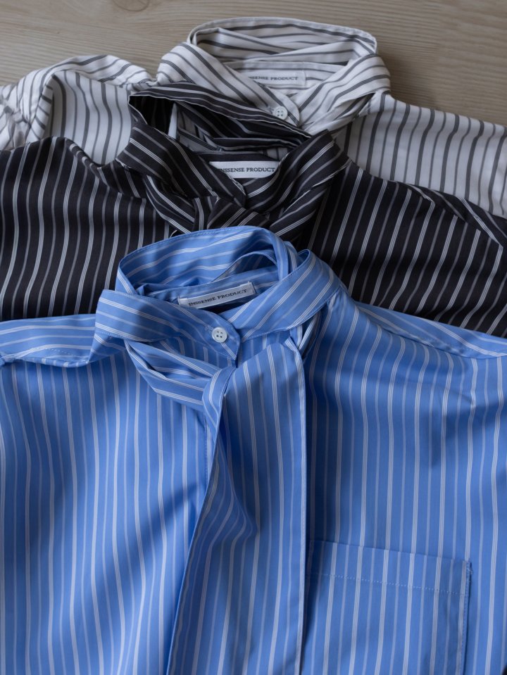 Inssense - Korean Women Fashion - #momslook - Oversized Stripe Two-Way Tie Shirt - 7
