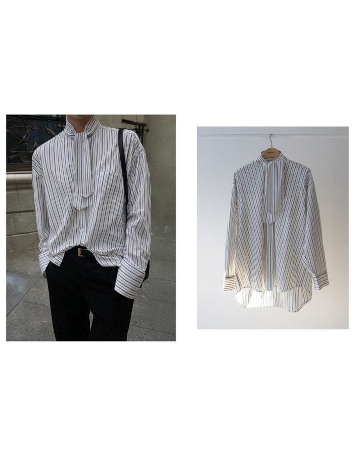Inssense - Korean Women Fashion - #momslook - Oversized Stripe Two-Way Tie Shirt - 10