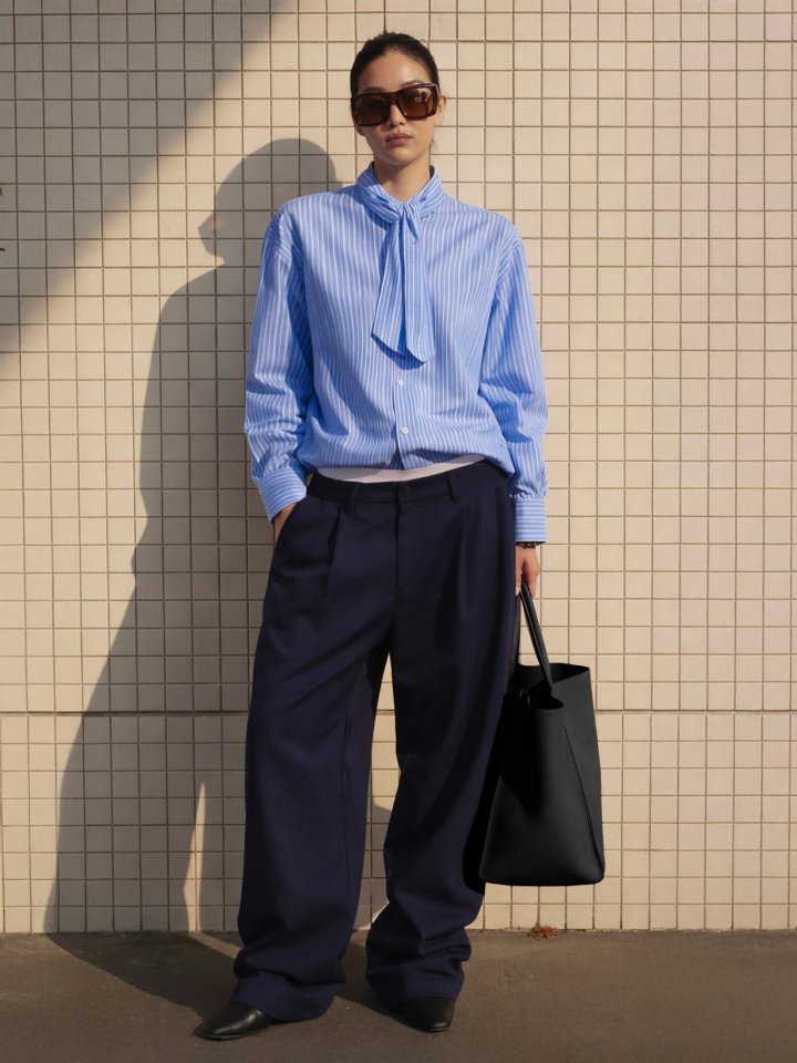 Inssense - Korean Women Fashion - #momslook - Oversized Stripe Two-Way Tie Shirt - 2