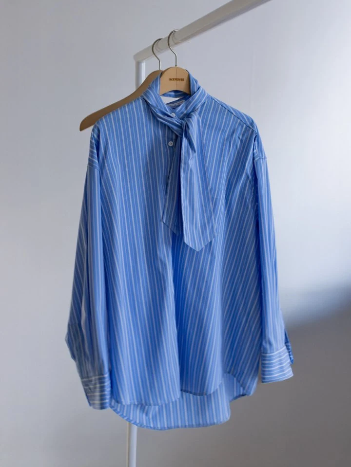 Inssense - Korean Women Fashion - #momslook - Oversized Stripe Two-Way Tie Shirt - 6