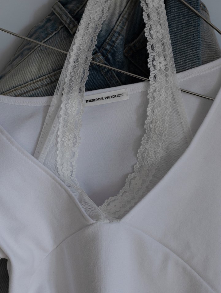 Inssense - Korean Women Fashion - #momslook - Pigment Lace Halter Short Sleeve Top - 3