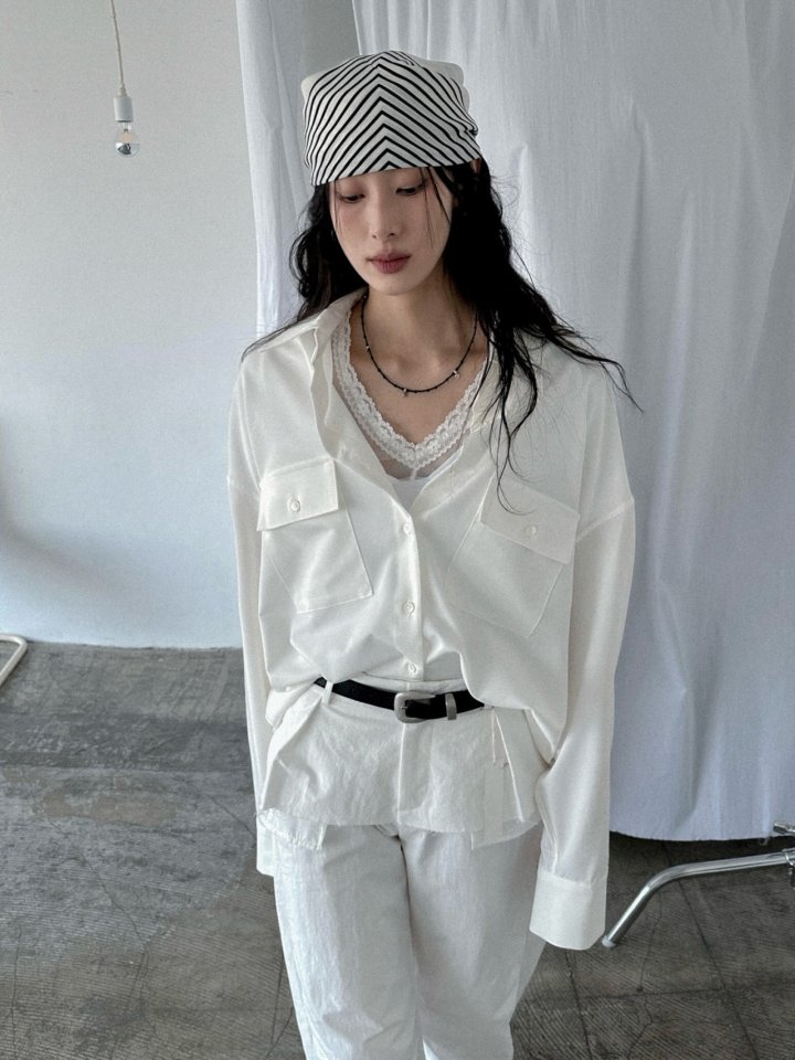 Inssense - Korean Women Fashion - #pursuepretty - Premium Oversized Pure Essential Pocket Shirt - 2