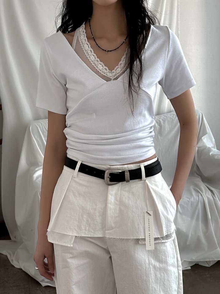 Inssense - Korean Women Fashion - #restrostyle - Pigment Lace Halter Short Sleeve Top - 2