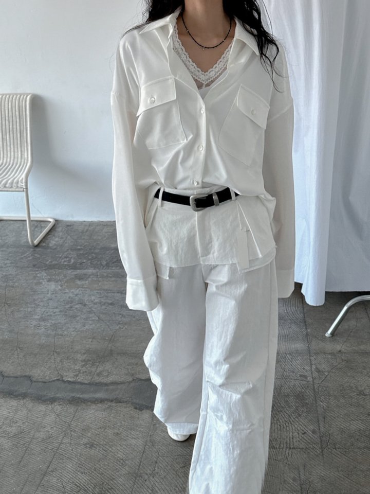 Inssense - Korean Women Fashion - #restrostyle - Premium Oversized Pure Essential Pocket Shirt - 4
